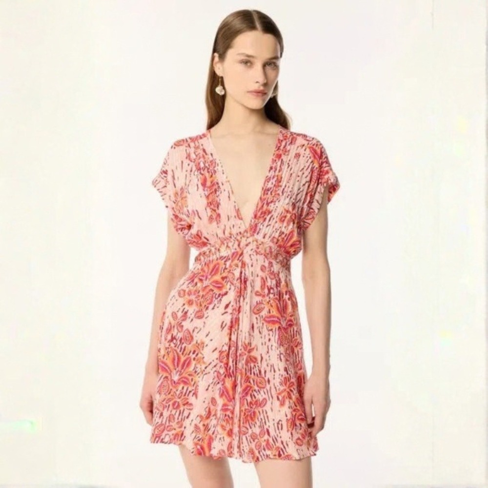 Poupette St Barth Mini Dress Cecile V Neck Pink Exotic Forest Size L NWT